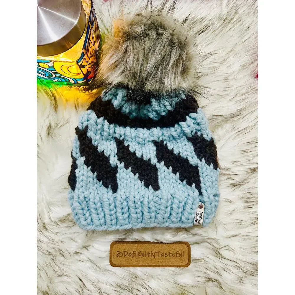 Hand Knit Tilt A Whirl Beanie: Cozy Winter Hat with Faux Fur Pom